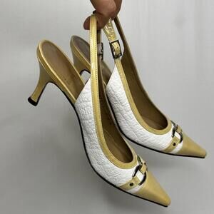 Stuart Weitzman Yellow and Tan Heels with Buckle Detail